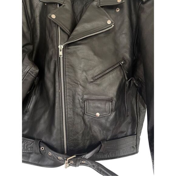 Unik Mens Black Leather Zip Front Belted Biker Motorcycle Jacket Size 56 3XL - Picture 12 of 14